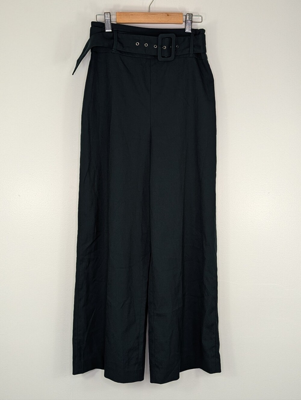 Zara Womens Wide Leg Pants Size XS High Waisted Trousers Dark Green Belted